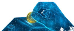 A hand placing a gold coin into a digital house-shaped object