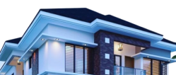 Modern three-story duplex house with a blue roof and white walls