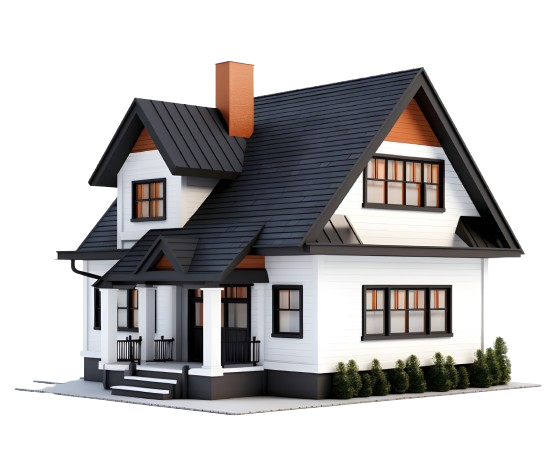 A white two-story house with a black roof and porch